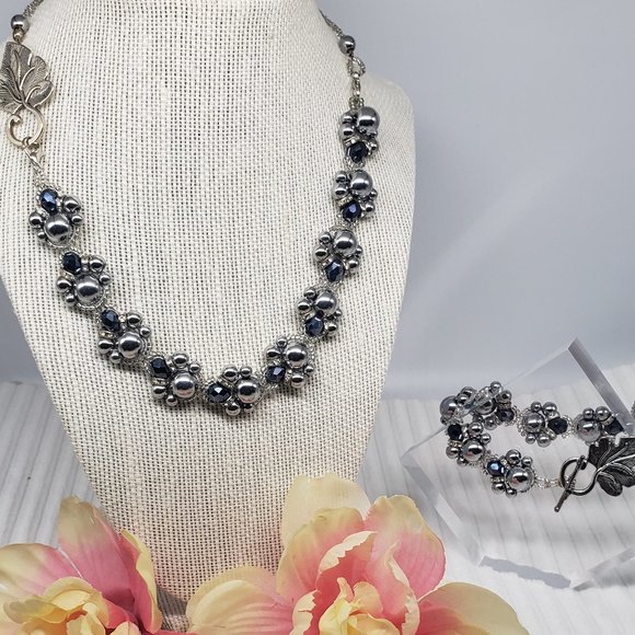 Midnight Ivy Hematite Jewelry - Silver & Dark Blue Necklace Bracelet Earring Set - Picture 4 of 14